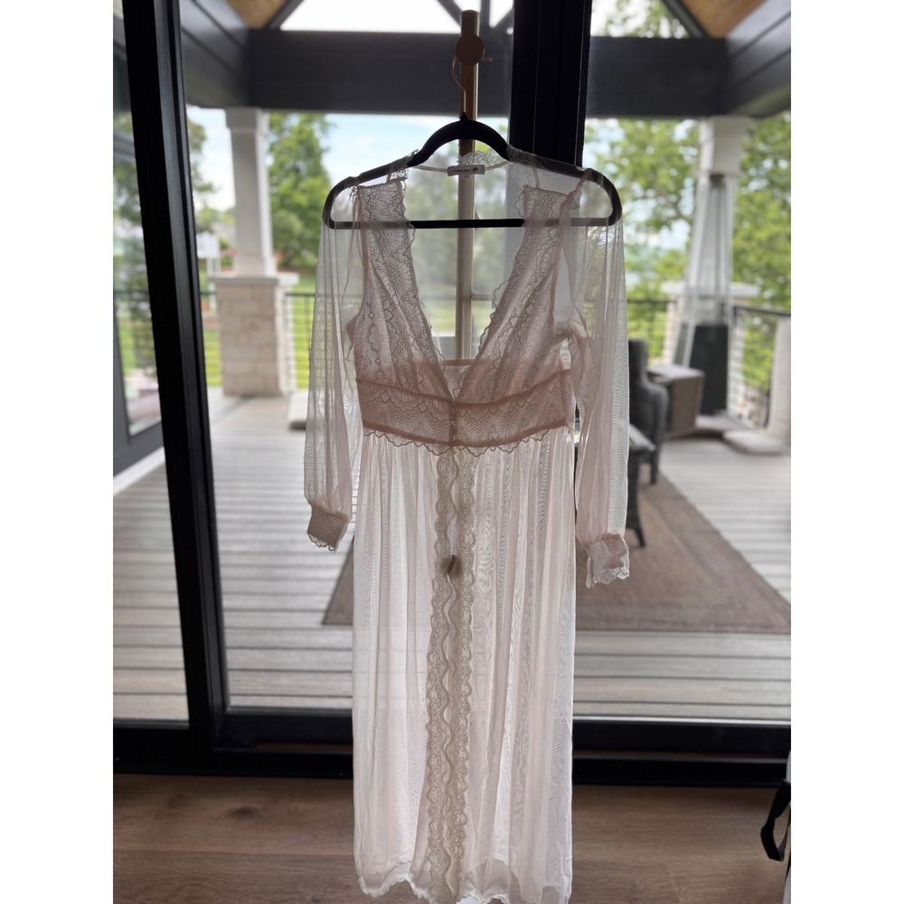 Chong mu Pink Sheer Mesh Lace Trim Maxi Robe Bridal Lingerie XL Long‎ Sleeve